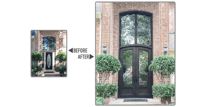 Single wooden door with ovular window replaced with eyebrow top double iron doors