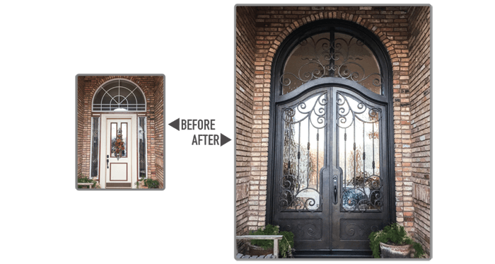 Wooden door with square top replaced with iron double door with unique wave design in top