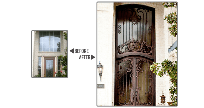 Single wood door with large window replaced with iron work double door with eyebrow top