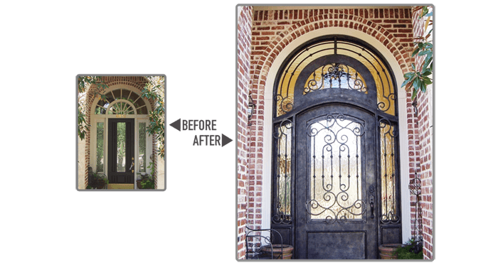 Single square top wooden door replaced with eyebrow top iron door