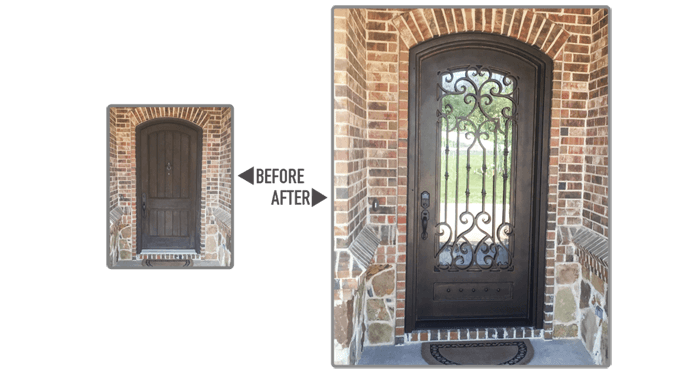 Eyebrow top wooden front door replaced with custom eyebrow top single iron door