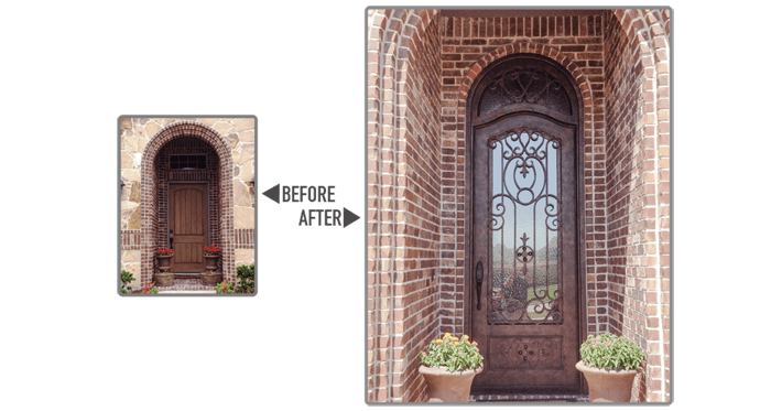 Square top front door replaced with iron work front door with unique wave top