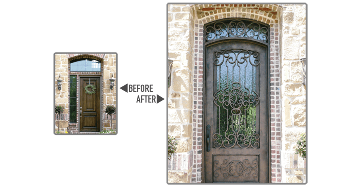 Square top wooden front door replaced with eyebrow top iron front door