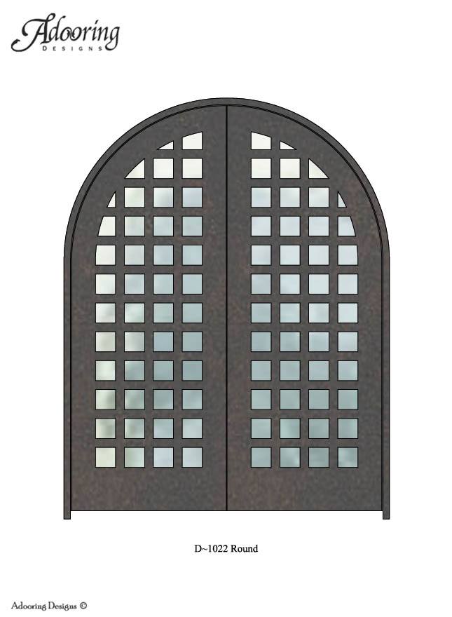 Interwoven metal work over glass in iron double door with round top