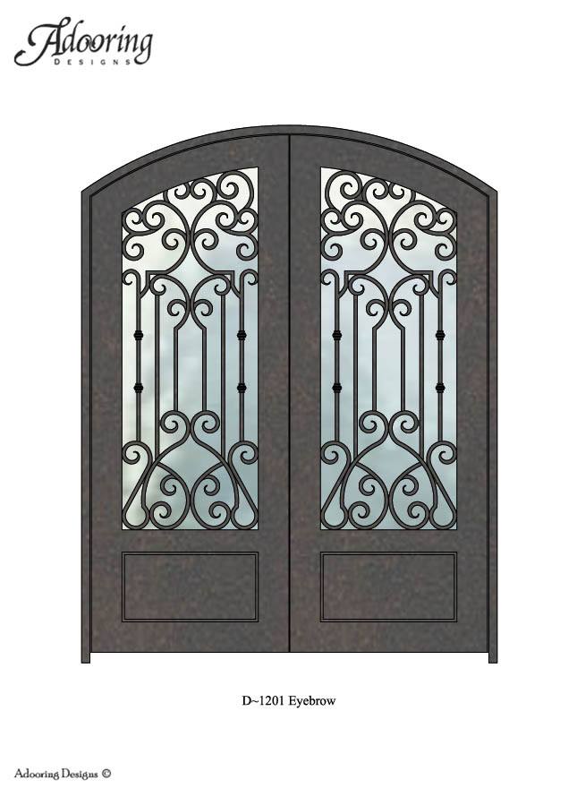 Large window in eyebrow top double door with complex pattern