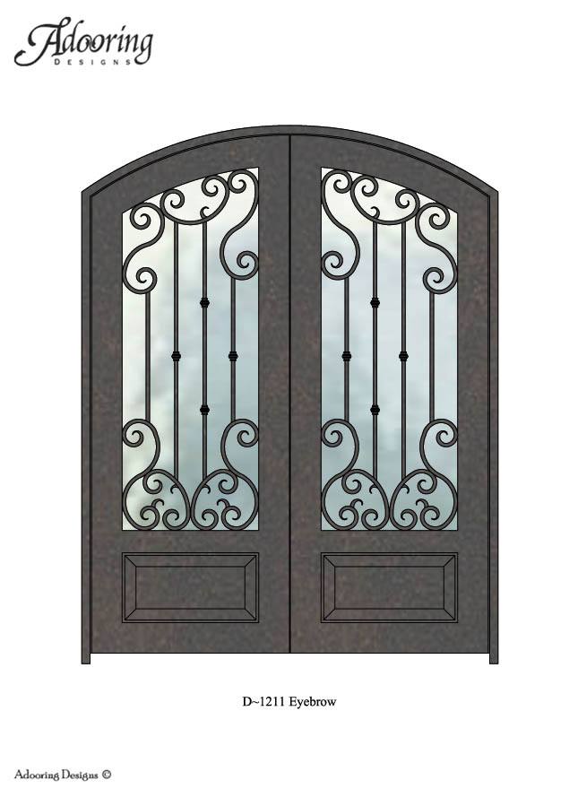 Eyebrow top door with large window and intricate ironwork design