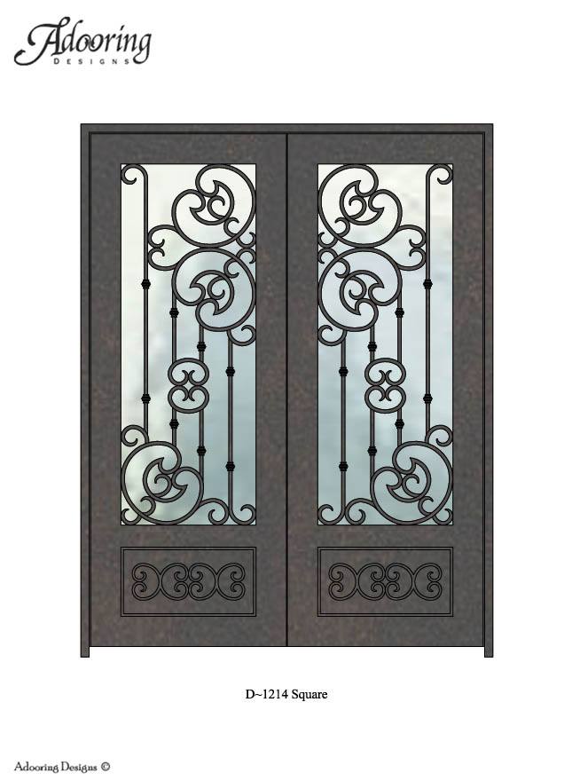 Square top door with large window and complex ironwork pattern