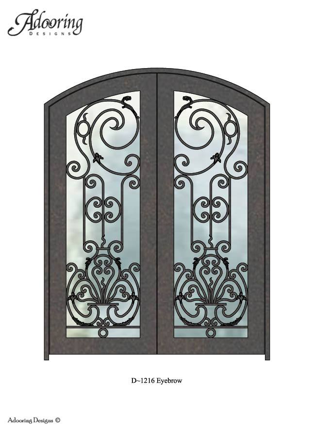 Eyebrow top door with complex ironwork design over window