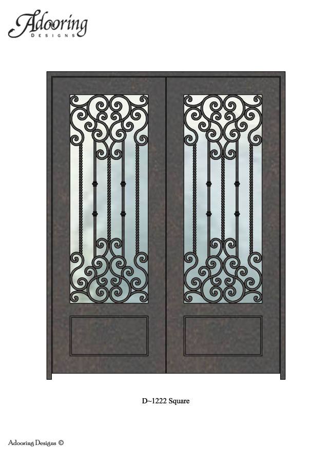 Intricate ironwork design over large window in Square top door