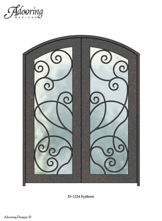 Intricate ironwork pattern over large window in eyebrow top door