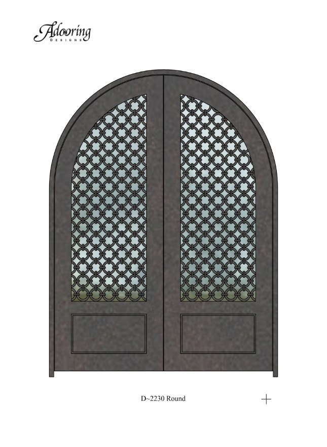 Round top glass and iron double doors with intricate design