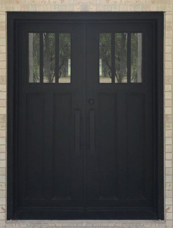 Square top black finish double front doors with barn door design