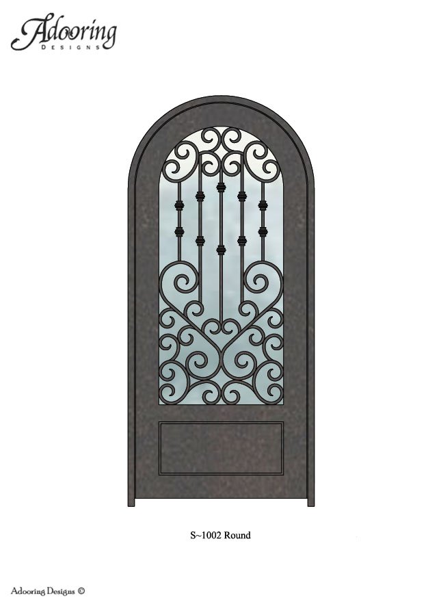 Square top door with large window and complex ironwork pattern