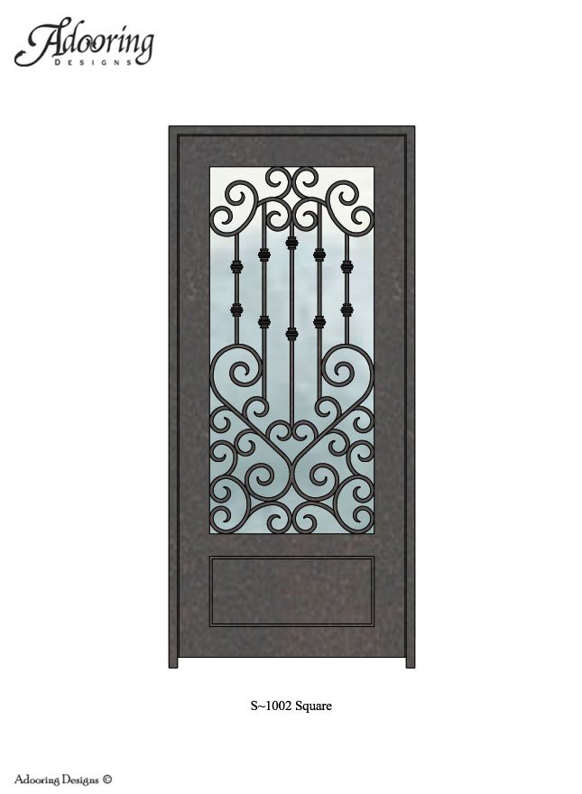 Square top iron door with complex design