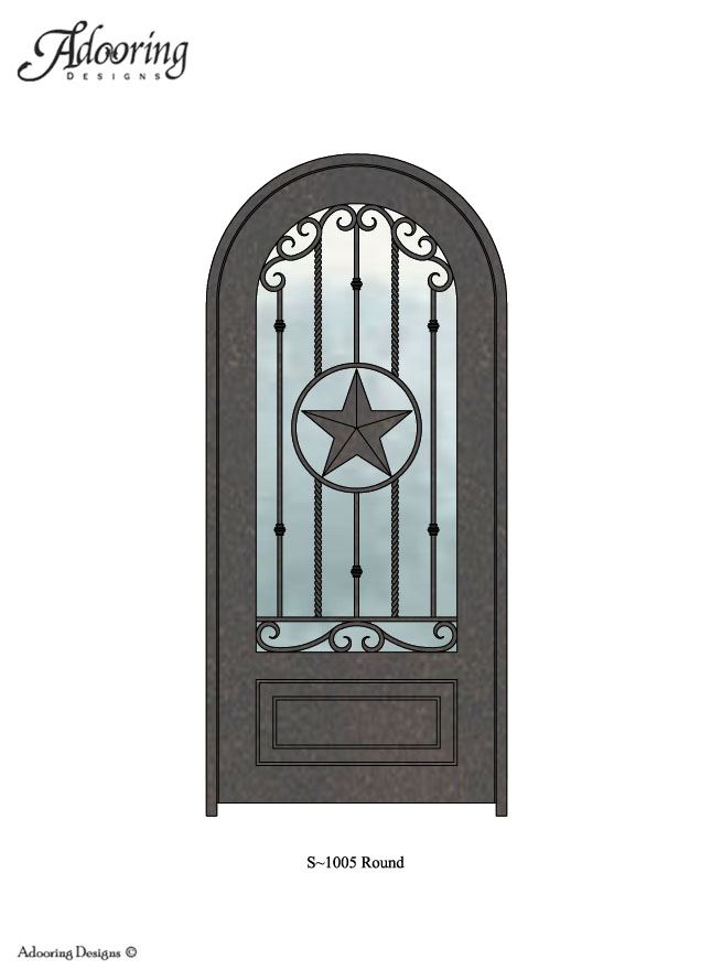 Round top iron door with large window and intricate design