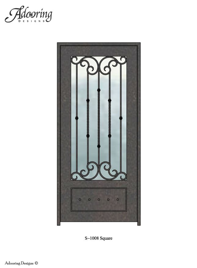 Square top iron door with large window and complex pattern