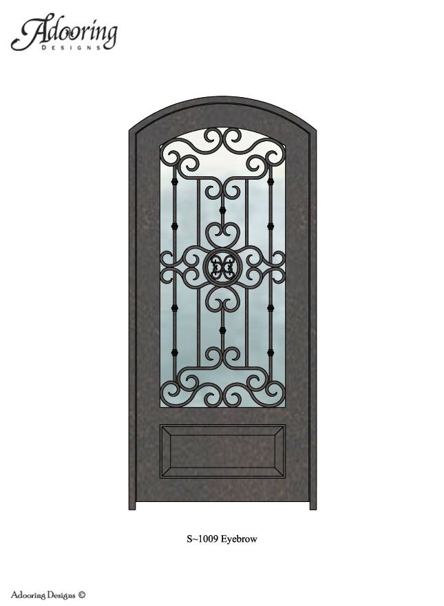 Large window in eyebrow top iron door with intricate design