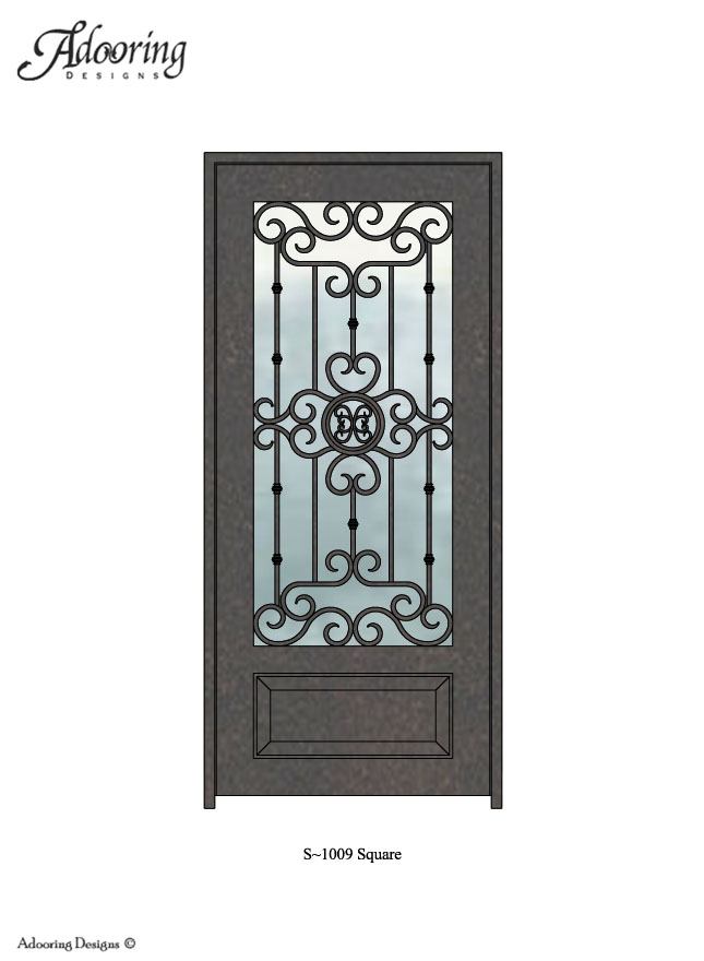 Large window in Square top iron door with intricate design