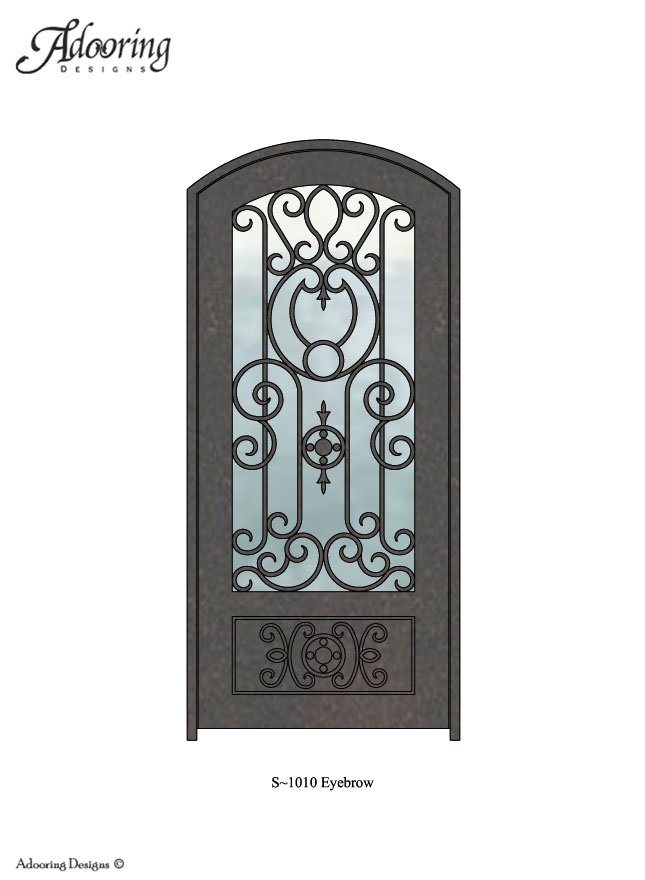 Large window in eyebrow top iron door with complex design