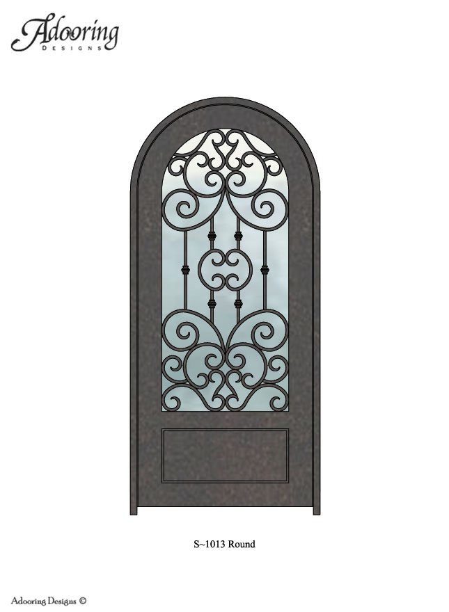 Large window in iron door with Round top and intricate design