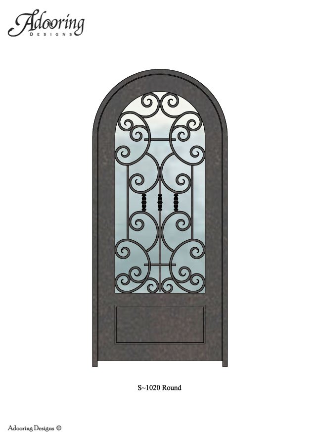 Large window in door with Round top and complex pattern