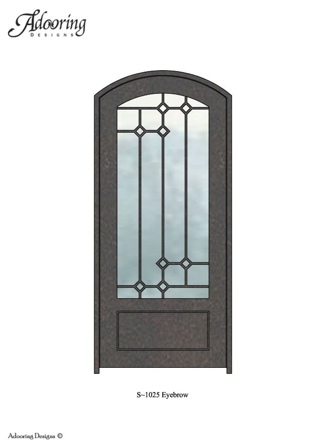 Large window in eyebrow top single door with intricate pattern