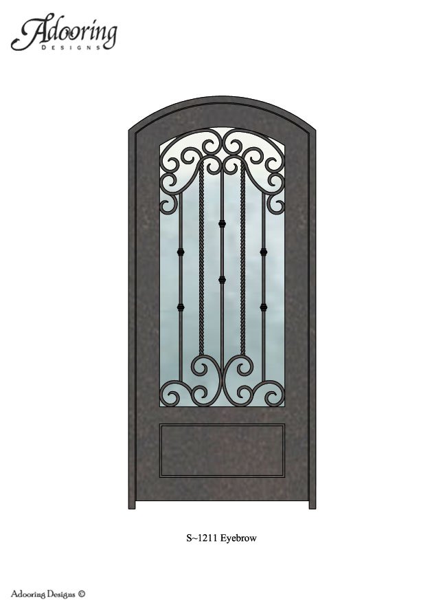 Eyebrow top door with large window and intricate ironwork design