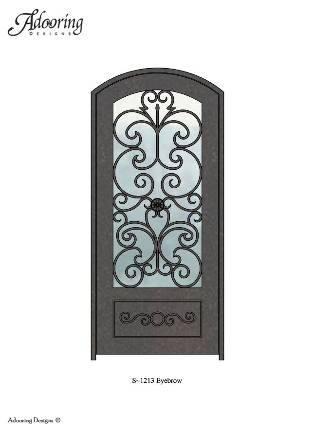 Eyebrow top door with large window and intricate ironwork pattern