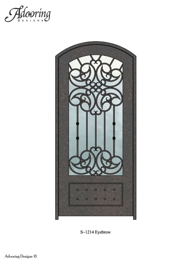 Eyebrow top door with large window and complex ironwork pattern