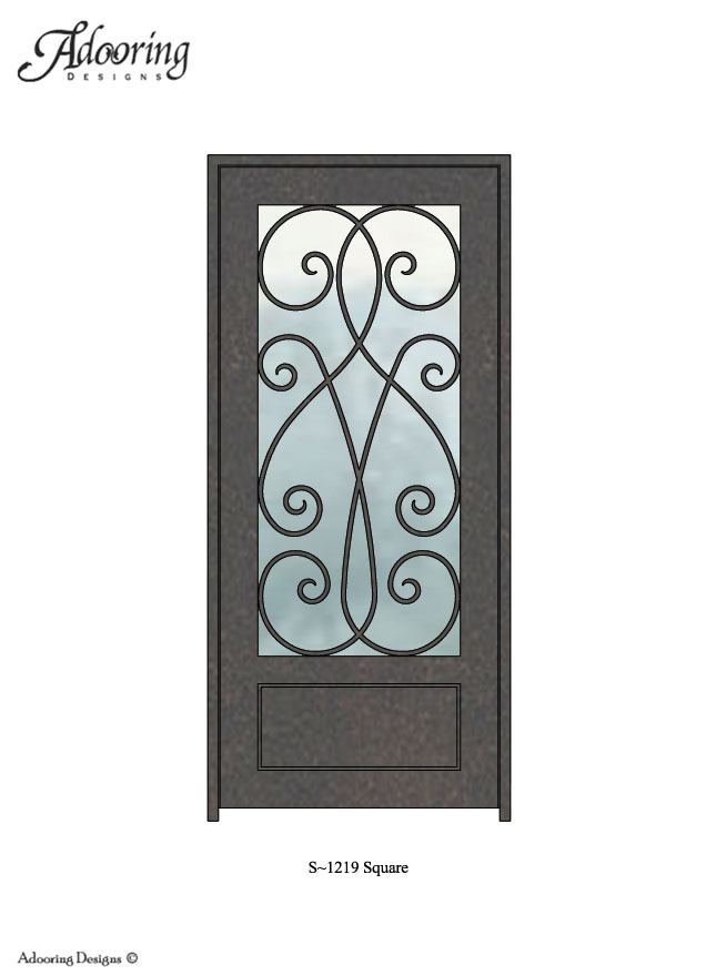 Square top door with ironwork design over window