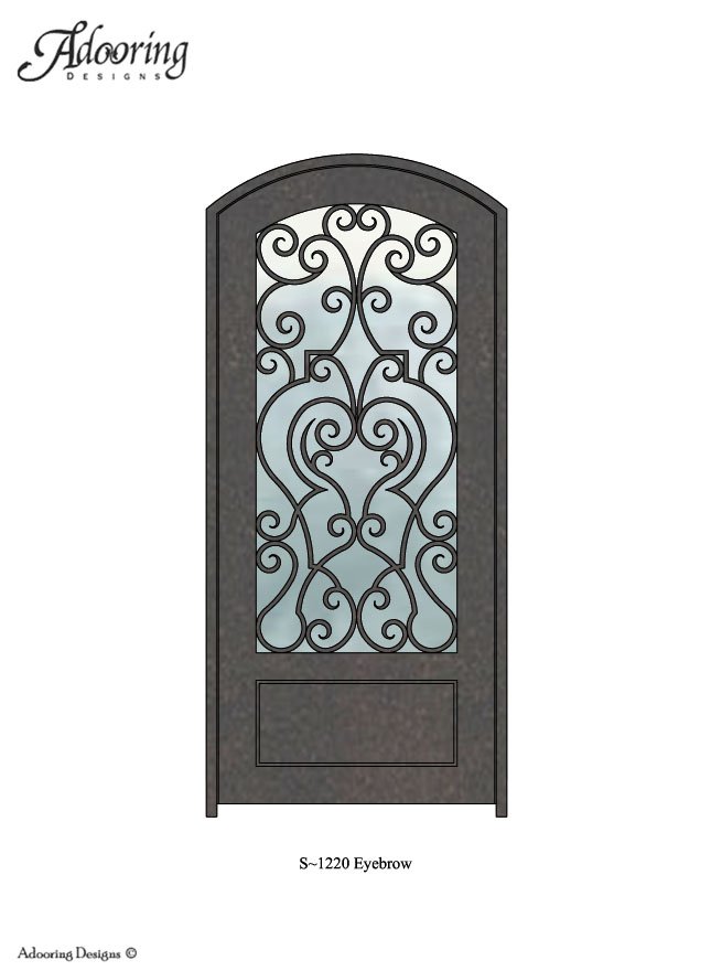 Eyebrow top door with ironwork pattern over window