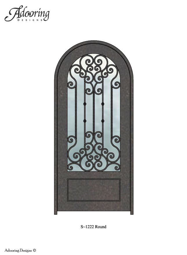 Intricate ironwork design over large window in Round top door