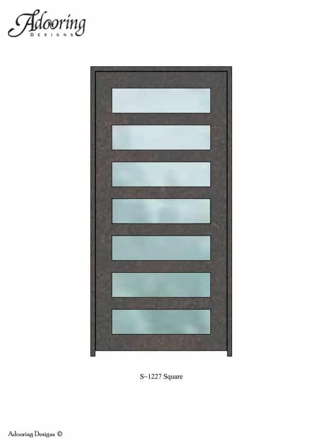 Single iron door with square top and evenly spaced rectangular window